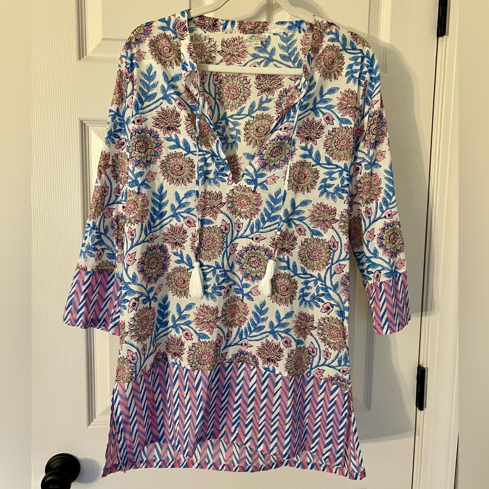 J. Crew Tassel Beach Tunic Floral Vine Block Print Size Small